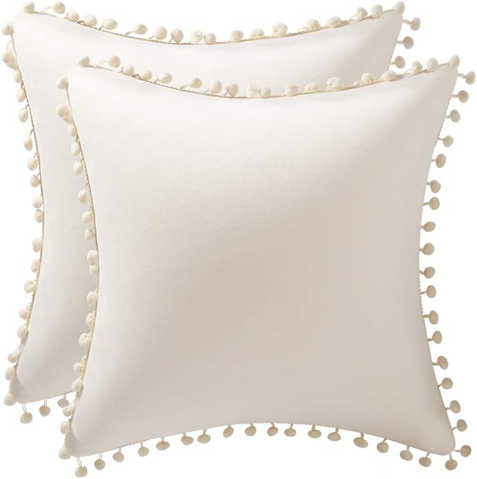 DEZENE Couch Pillow Covers 24x24 Cream: 2 Pack Cozy Soft Pom-poms Velvet Square Throw Pillow Cases for Farmhouse Home Decor