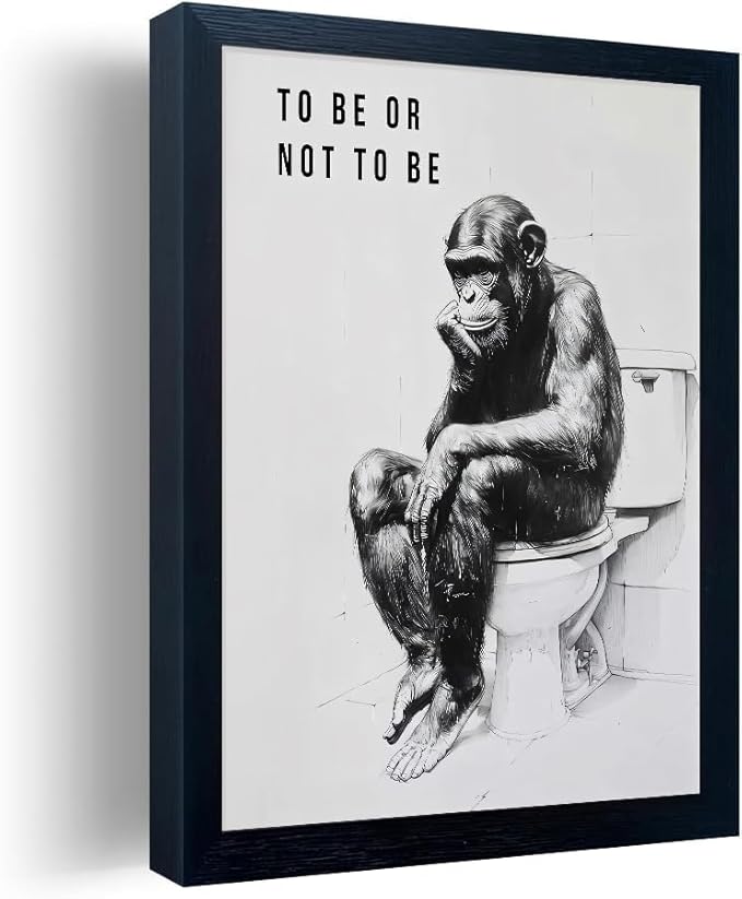 Minimalist Bathroom Wall Decor, Chimp Wall Art on Toilet, Chin Rests, Fun Bathroom Animal Art, Black and White Canvas Prints Can Be Hung Directly -Frame,11 "x 14"