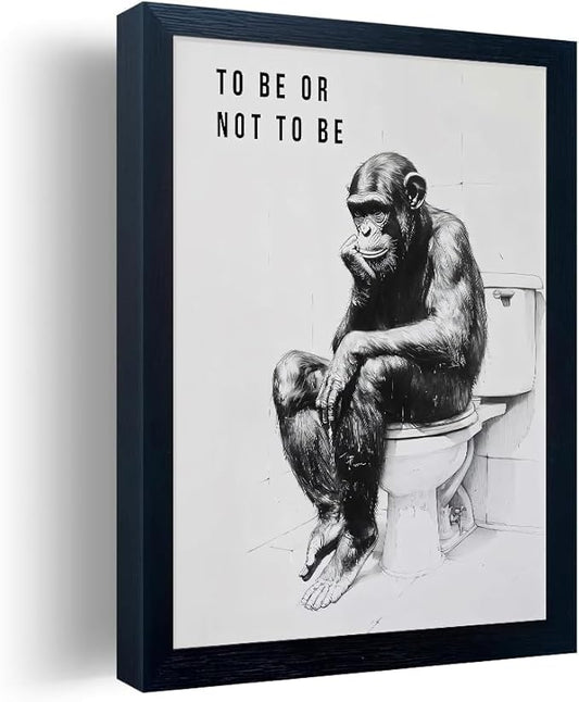 Minimalist Bathroom Wall Decor, Chimp Wall Art on Toilet, Chin Rests, Fun Bathroom Animal Art, Black and White Canvas Prints Can Be Hung Directly -Frame,11 "x 14"