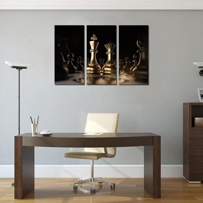 Chess Wall Art Black and Gold Canvas Wall Decor King and Queen Paintings for Living Room Office 3 Pieces Pictures Prints Poster Artworks Framed Ready to Hang(20x 40inch/3 PCS)