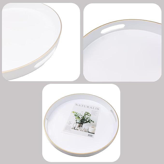 White Round Decorative Tray with Handles, 13" Versatile Serving Tray for Coffee Table, Ottoman, Ideal for Serving, Displaying, Organizing