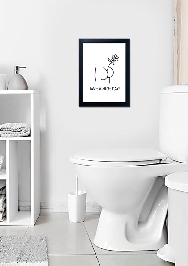 Framed Minimalist Canvas Print - Funny Bathroom Wall Art, Humoristic Restroom Decor