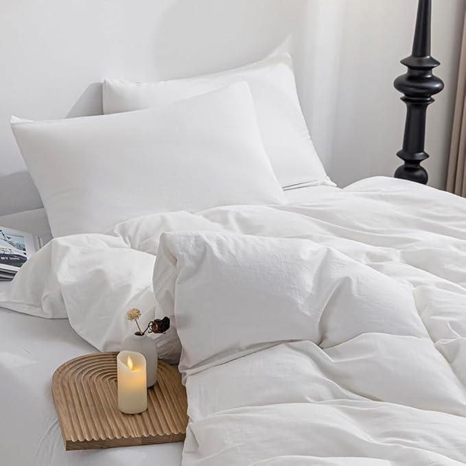JELLYMONI Cotton Duvet Cover King Size - 100% Washed Cotton Linen Feel Textured Comforter Cover, 3 Pieces Lightweight Soft Bedding Set with Zipper Closure (Bright White, King 104"x90")