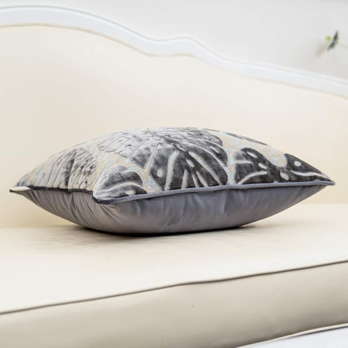Alerfa 20 x 20 Inch Square Leaf Pillow Embroidery Cut Velvet Cushion Case Luxury Modern Lumbar Throw Pillow Cover Decorative Pillow for Couch Sofa Living Room Bedroom Car, Gray Silver