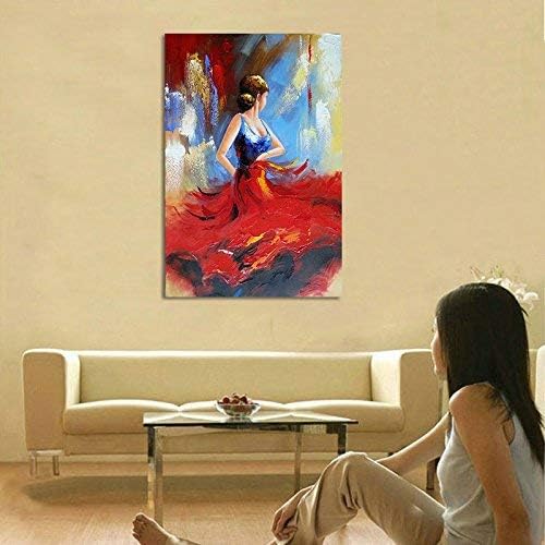 Wieco Art Flying Skirt Abstract Dancing People Oil Paintings on Canvas Wall Art work for Living Room Bedroom Home Decorations Wall Decor Large Modern Stretched and Framed Red Girl Dancer Artwork 24x36