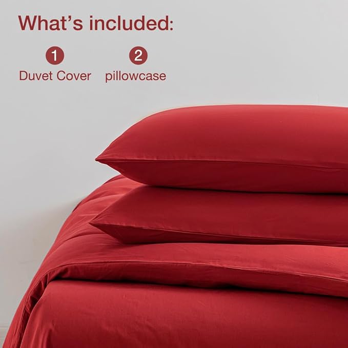 JELLYMONI Red Duvet Cover Queen Size - 100% Washed Cotton Linen Like Textured Comforter Cover, 3 Pieces Breathable Soft Bedding Set with Zipper Closure (Red, Queen 90"x90")