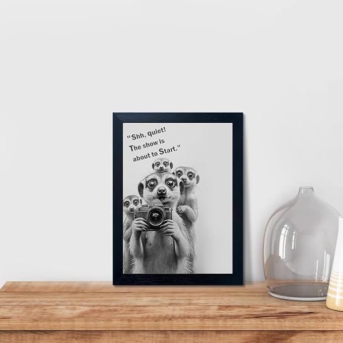 Orvannaatr Frame Bathroom Wall Art, Black and White Meerkat Canvas Wall Art - Meerkat Painting with Camera - for Toilet Bathroom Animal Art- 8 "x 10"