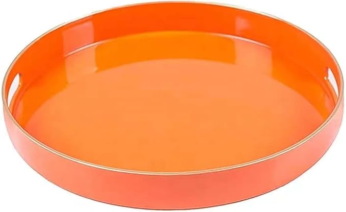 Fuukoou Orange Round Serving Tray with Handles,13" Decorative Ottoman Coffee Table for Perfume,Living Room,Home Decor