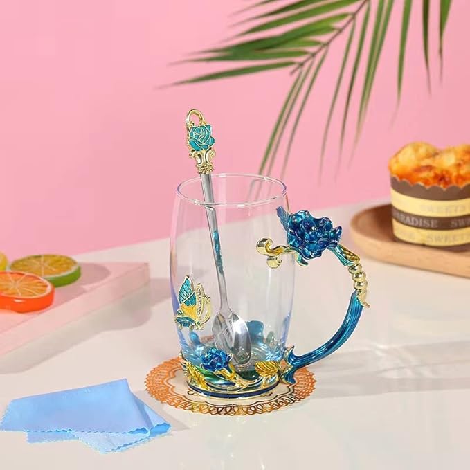 Birthday Gifts For Women,Butterfly Flower Glass Tea Cup Sky Blue Rose Coffee Mug For Women Mom Wife Sister Coworker Female Friend on Anniversary Christmas Mothers day Presents