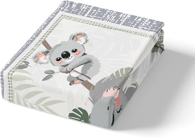 Cute Koala Kids Duvet Cover Twin Size,Kawaii Koala Baby Western Wild Animal Comforter Cover Set for Kids Boys Girls,Green Leaves Plant Grey Plaid Cartoon Bedding Quilt Cover Set Bedroom Decor, 2 pcs