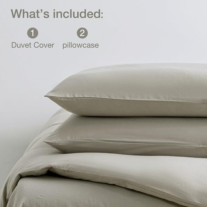 JELLYMONI Cotton Duvet Cover Queen Size - 100% Washed Cotton Comforter Cover, 3 Pieces Breathable Soft Bedding Set with Zipper Closure (Linen Grey, Queen 90"x90")