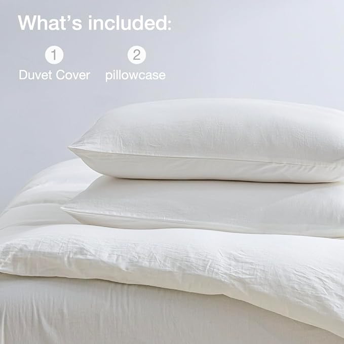 JELLYMONI Bedding Duvet Cover King Size - 100% Washed Cotton Linen Feel Textured Comforter Cover, 3 Pieces Lightweight Soft Bedding Set with Zipper Closure (Cream White, 104"x90")