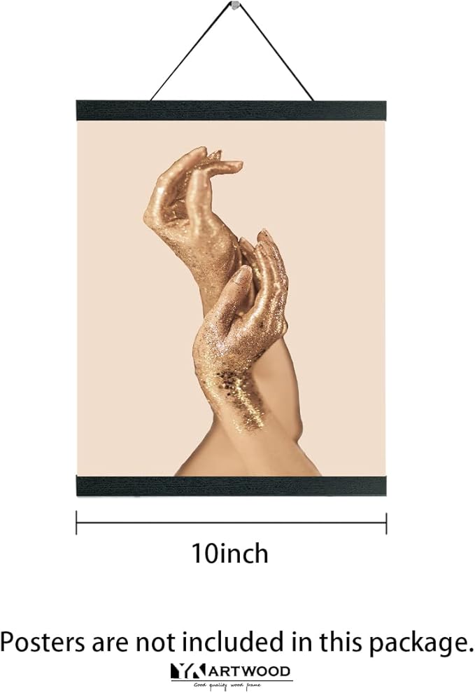 3 Pack Magnetic Poster Hanger 10 Inch Black, 10x12 10x16 10x14 Poster Frame Wood Wooden Magnet Print Posters Dowel Scroll Hanger Hangers Hanging Kit for Walls Map Canvas Artwork