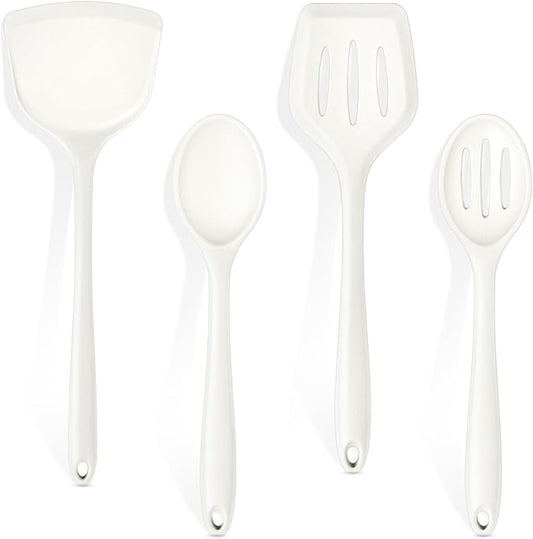 P&P CHEF Kitchen Utensil Set, 4 Pieces Non-stick Silicone Cooking Utensils, Heat-resistant Slotted Solid Spoon Turner for Frying, Mixing, Serving, Non-toxic & Easy to Clean, White