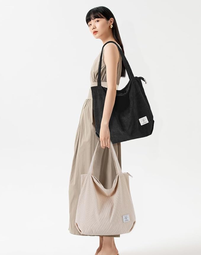 KALIDI Women Corduroy Tote Bag Zipper Casual Tote's Handbag Big Capacity Shoulder Bag with Pockets