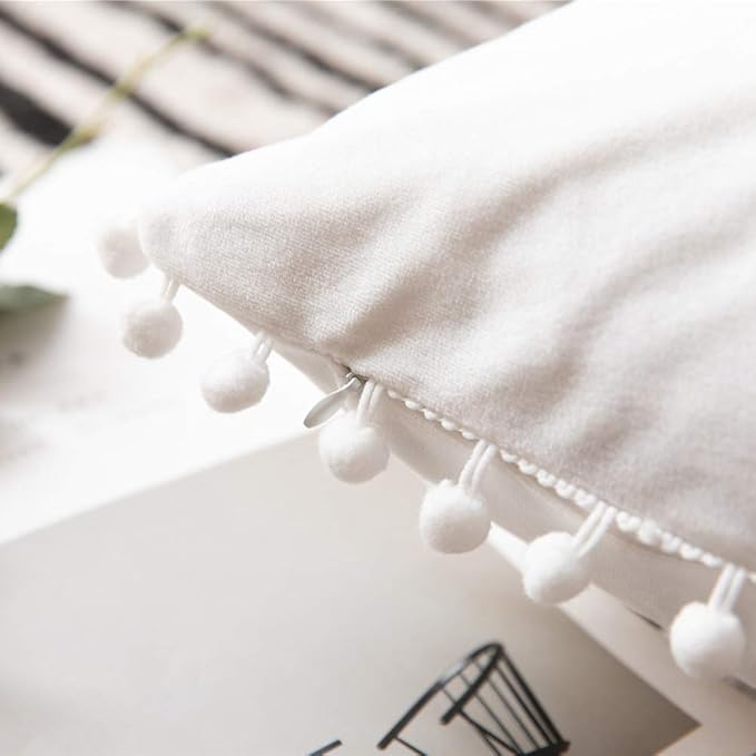 DEZENE Decorative Pillow Cases 12x20 Cream White: 2 Pack Cozy Soft Pom-poms Velvet Rectangular Throw Pillow Covers for Farmhouse Home Decor