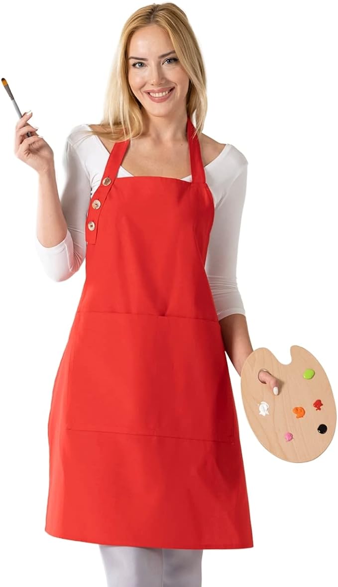 TOSHE Kitchen Apron Waterdrop Resistant Cotton Apron with adjustable Aprons for Women with Pockets 10 Color option Cooking Red Apron (Red)