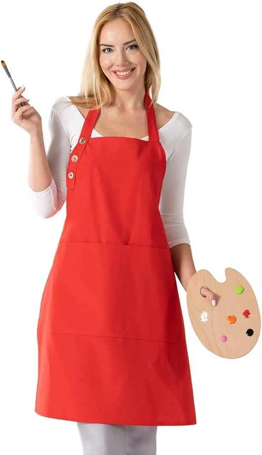 TOSHE Kitchen Apron Waterdrop Resistant Cotton Apron with adjustable Aprons for Women with Pockets 10 Color option Cooking Red Apron (Red)