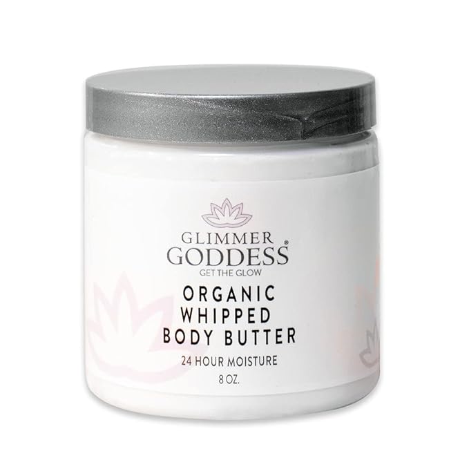 Glimmer Goddess Organic Whipped Body Butter for Women - Moisturizer Cream with Shea & Cocoa Butter, Almonds & Coconut Oil - Citrus Mango, 8oz