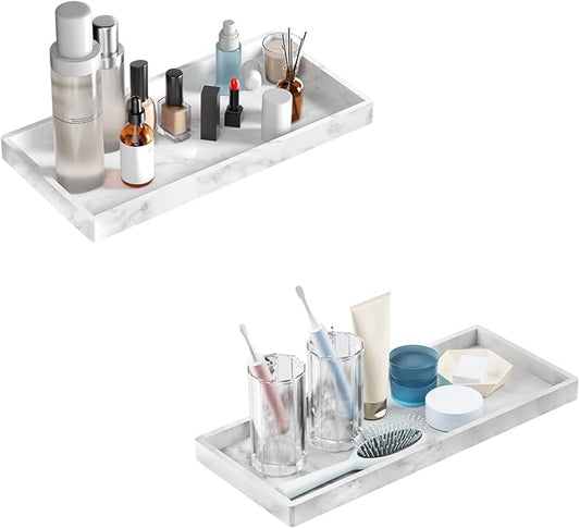 BBK Bathroom Vanity Tray 7.8 in - 2 Pack(Small) Silicone Bathroom Tray for Counter, Perfume Key Trinket Ring Tray, Decor Soap Dispenser Countertop Tray for Kitchen Sink Organization (Faux Marble Look)