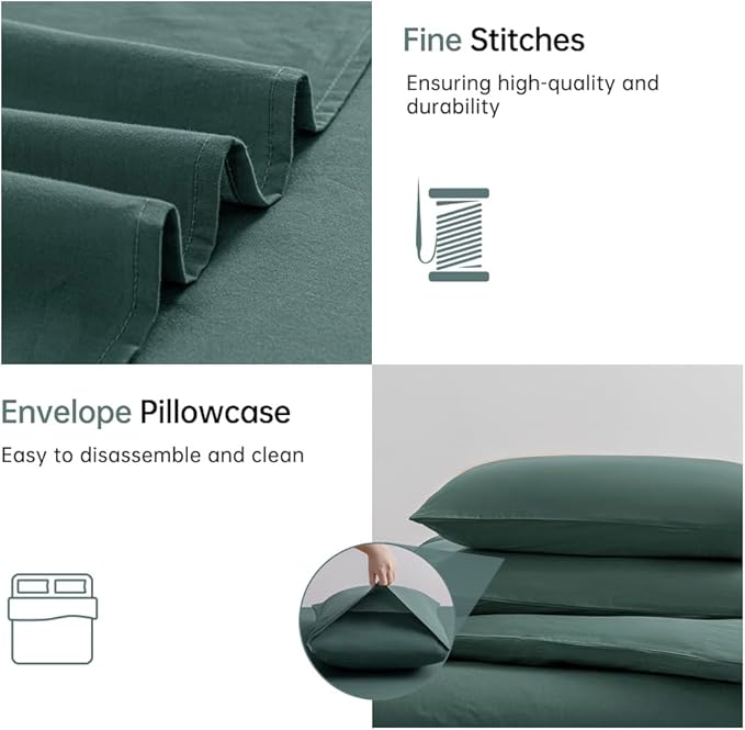 JELLYMONI Cotton Duvet Cover Twin Size - 100% Washed Cotton Linen Feel Textured Comforter Cover, 2 Pieces Breathable Soft Bedding Set with Zipper Closure (Dark Green, Twin 68"×90")