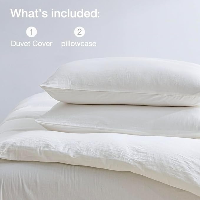 JELLYMONI Cotton Duvet Cover Twin Size - 100% Washed Cotton Linen Like Textured Comforter Cover, 2 Pieces Breathable Soft Bedding Set with Zipper Closure (Cream White, Twin 68"x90")