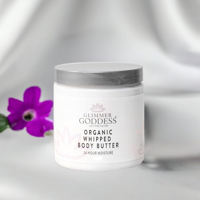 Glimmer Goddess Organic Whipped Body Butter for Women - Moisturizer Cream with Shea & Cocoa Butter, Almonds & Coconut Oil - Lavender, 8oz