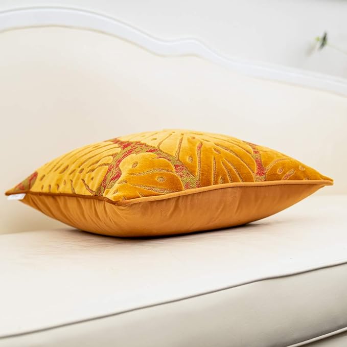Alerfa 12 x 20 Inch Rectangle Leaf Pillow Embroidery Cut Velvet Cushion Case Luxury Modern Lumbar Throw Pillow Cover Decorative Pillow for Couch Sofa Living Room Bedroom Car, Orange