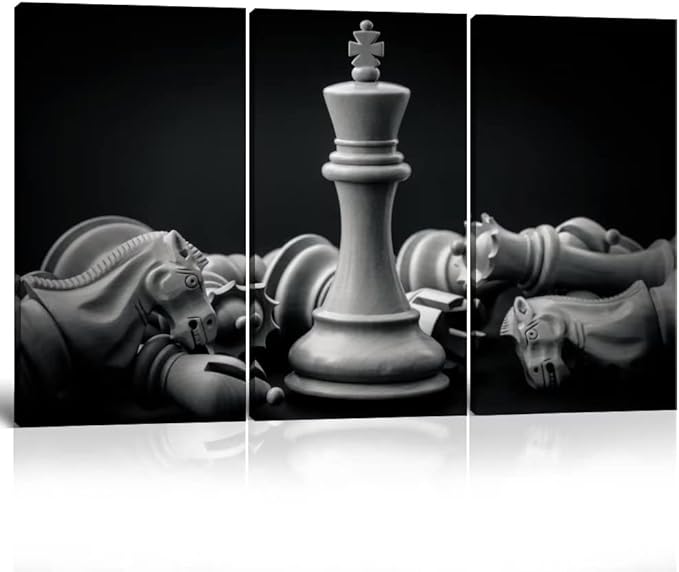 King and Knight of Chess Setup on Canvas Wall Art Paintings Pictures Prints Poster Artworks for Living Room Game Room Office Wall Decor 3 Piece Blak and White Framed Ready to Hang
