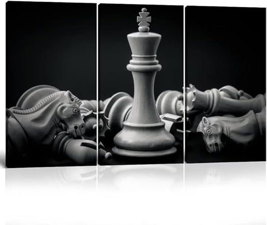 King and Knight of Chess Setup on Canvas Wall Art Paintings Pictures Prints Poster Artworks for Living Room Game Room Office Wall Decor 3 Piece Blak and White Framed Ready to Hang