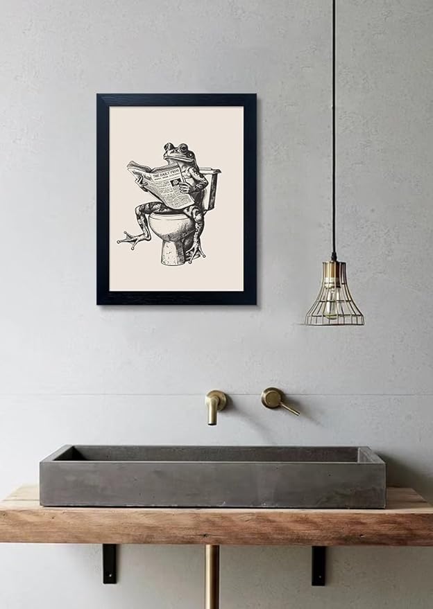 Black Framed Bathroom Wall Art - Funny Frog on Toilet Reading Newspaper Canvas Print - Animal Artwork Pictures for Wall Decor