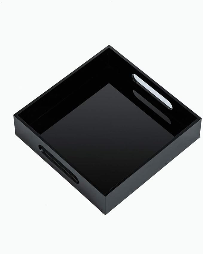 Black Sturdy Acrylic Tray with Handles-8x8 Inch- Countertop Organizer Tray for Kitchen,Bathroom,Office- Storage Box for Cosmetics, Jewelry,Toiletries,Toy,Gadgets