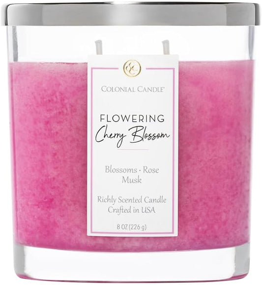 Colonial Candle Flowering Cherry Blossom Scented Candle Jar, Highly Fragranced Candles for Home Scented, Mottled Wax Candle, 2 Wick, 8 oz - Made in The USA