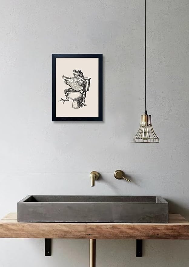 Frog Bathroom Decor Funny Bathroom Wall Art Frog on Toilet Reading Newspaper Canvas Painting Animal Artwork Pictures for Bathroom Decorations