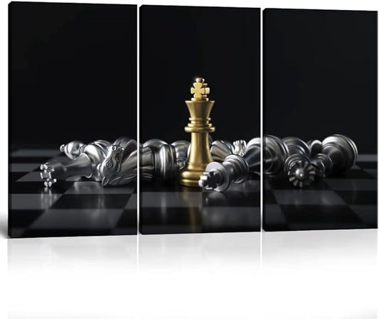 Chess Canvas Wall Art Black and Gold Wall Decor King and Queen Checkerboard Pieces Painting for Living Room Bedroom Classroom King Wins Game Pictures Prints Poster Artworks (40''H x 60''W)