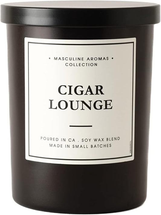 | Masculine Aromas | Small Batch | Soy Wax | 40 Hours | Scented Black Candles with Natural Essential Oils | Vegan (Cigar Lounge)