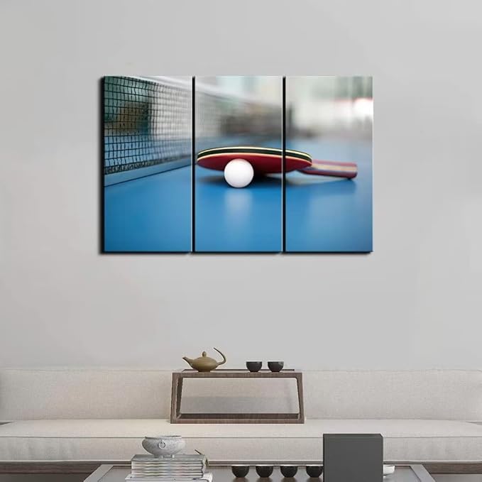 3 Piece Canvas Wall Art - Table Tennis Ball and Bat - Modern Home Decor Stretched and Framed Ready to Hang (40''H x 60''W)