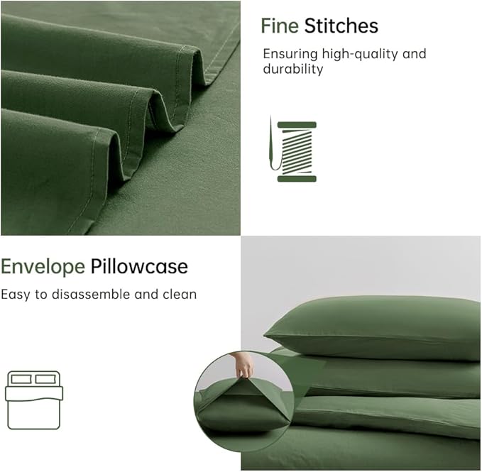 JELLYMONI Green Duvet Cover King Size - 100% Washed Cotton Linen Like Textured Comforter Cover, 3 Pieces Breathable Soft Bedding Set with Zipper Closure (Green, King 104"x90")