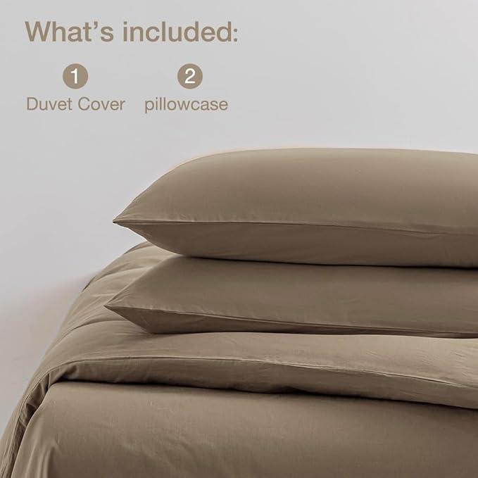 JELLYMONI Khaki 100% Washed Cotton Duvet Cover Set, 3 Pieces Ultra Soft Bedding Set with Zipper Closure. Solid Color Pattern Duvet Cover King Size(No Comforter)