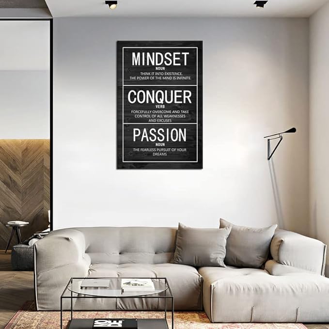 Inspirational Poster Passion Mindset Conquer Motivational Canvas Wall Art Paintings Inspiration Artwork Living Room Office Prints Wall Decor Decoration Wooden Framed Ready to Hang [24''Wx 36''H]