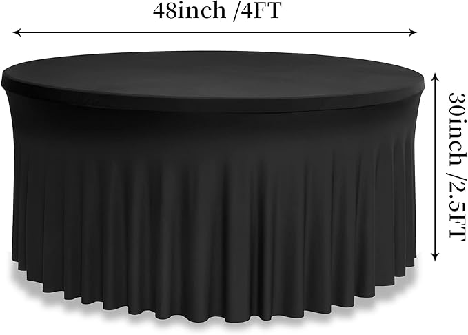 Outpain 6 Pack Black Round Spandex Tablecloth for 48Inch/4FT Tables - Stretchy Table Cloth with Skirt, Wrinkle-Free Fitted Cloth for Wedding Vendor, Banquet & Graduation Decor (108" Round)