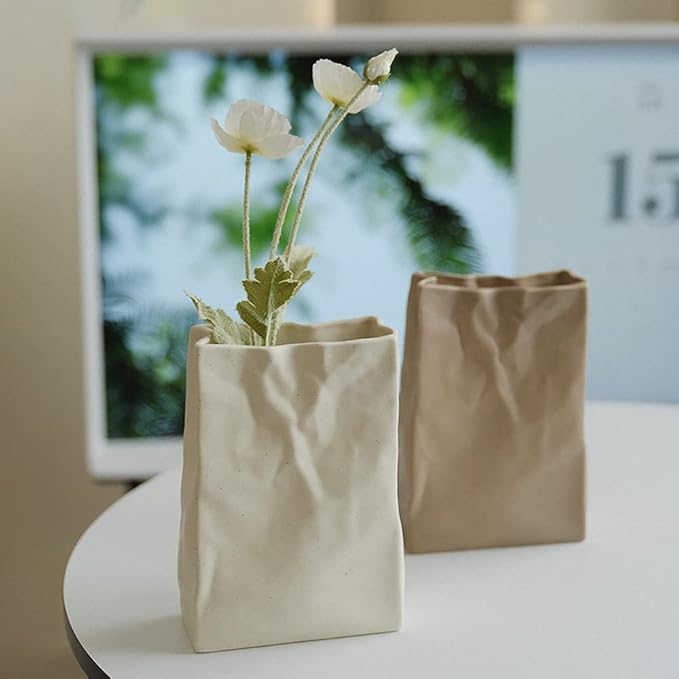 WENSHUO Crinkle Paper Bag Shape Ceramic Vase, Large Capacity for Flower Arrangement, Bookshelf Decorative (Matte Crème)