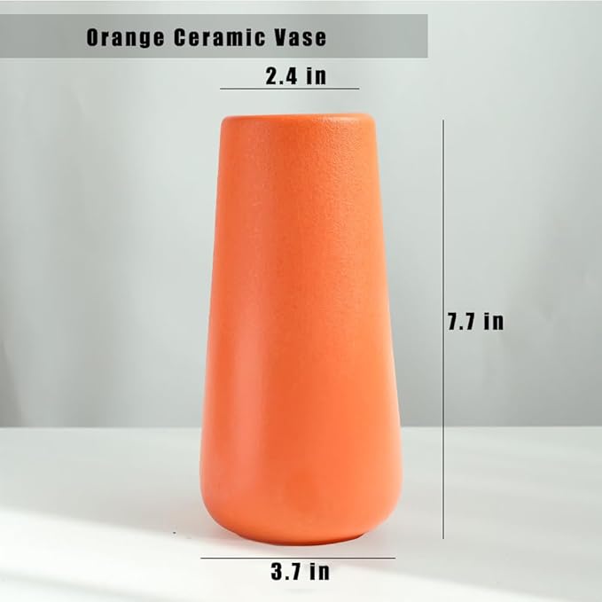 Orange Ceramic Vase, 7.7" H, Minimalist Modern Home Decoration, Matte Design for Fireplace Bedroom Kitchen Living Room Centerpieces Office Desk, Fit for Holding Dried Flowers, Fresh Flowers