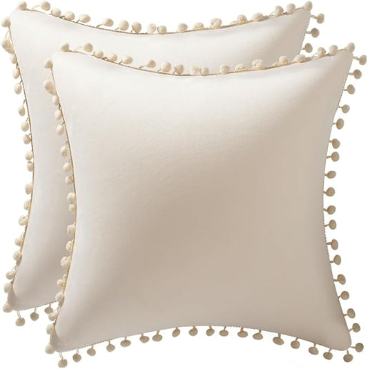DEZENE Couch Pillow Covers 18x18 Beige: 2 Pack Cozy Soft Pom-poms Velvet Square Throw Pillow Cases for Farmhouse Home Decor