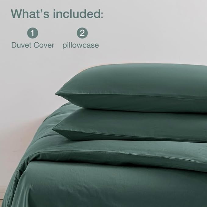 JELLYMONI Dark Green Bedding Duvet Cover Set - 100% Washed Cotton Linen Like Textured California King Comforter Cover, 3 Pieces Soft Bedding Set with Zipper Closure (Dark Green, Cal King 104"x98")