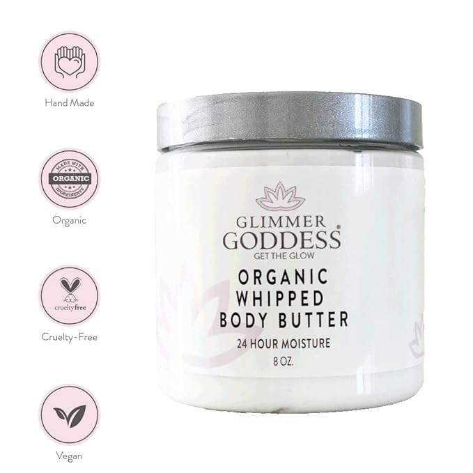 Glimmer Goddess Organic Whipped Body Butter for Women - Moisturizer Cream with Shea & Cocoa Butter, Almonds & Coconut Oil - Lavender Orange, 8oz