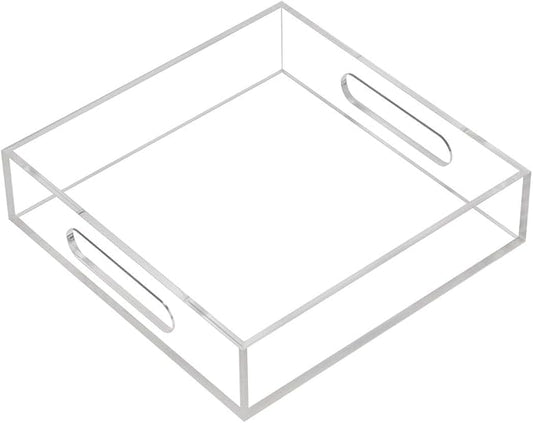 Clear Sturdy Acrylic Tray with Handles-8"x8"x2"H-Countertop Organizer Tray for Kitchen,Bathroom,Office- Storage Box for Cosmetics, Jewelry,Toiletries,Toy,Gadgets
