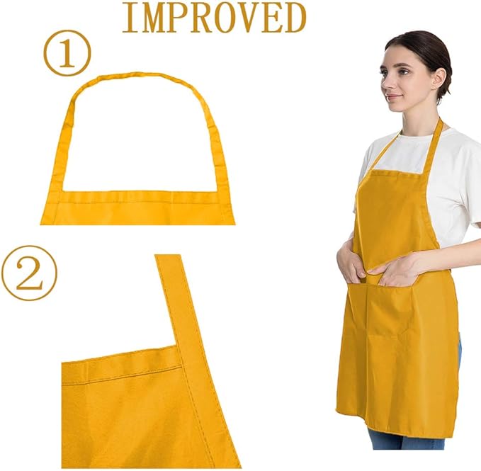 Total 6PCS Yellow Apron for Adult Women Unisex Durable Comfortable with 2 Front Pocket Washable Plain Color Bib Chef Apron for Cooking Baking Kitchen Restaurant Crafting Painting Party