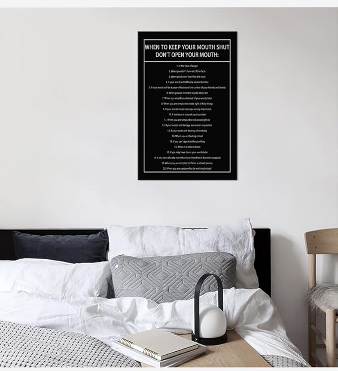 When to Keep Your Mouth Shut Don't Open Your Mouth Inspirational Canvas Wall Art Life Learning Poster Prints Artwork for Living Room Modern Home Decor Painting Stretched and Framed [12''Wx 18''H]