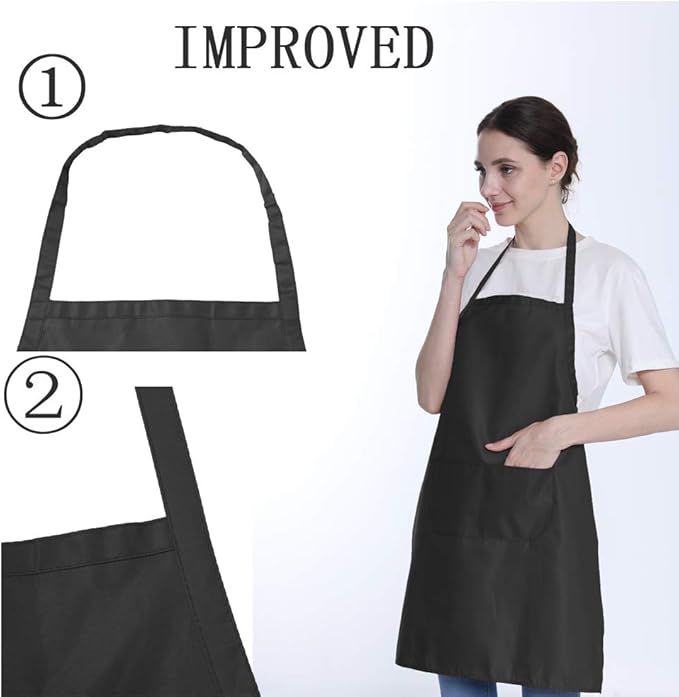 Total 6PCS Black Apron for Wowen Adult Unisex with 2 Pockets-Chef Cooking Baking Kitchen Restaurant Crafting Painting Party Aprons
